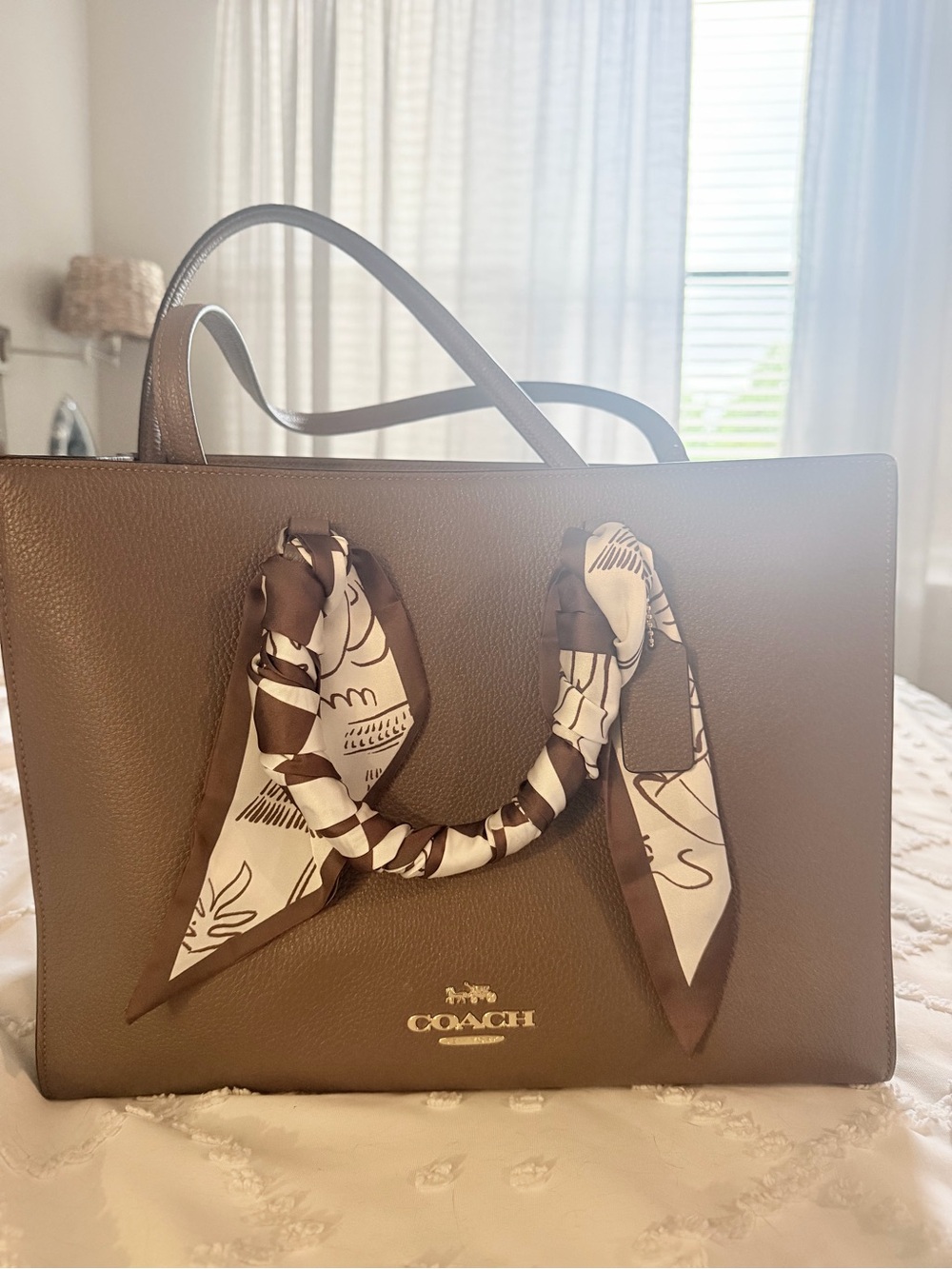 COACH Brown Leather Tote with Twill Scarf Wrap